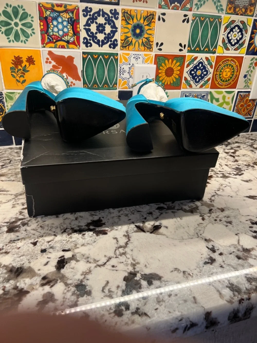 Versace Turquoise Blue Platform High Heels with Jeweled Ankle Strap